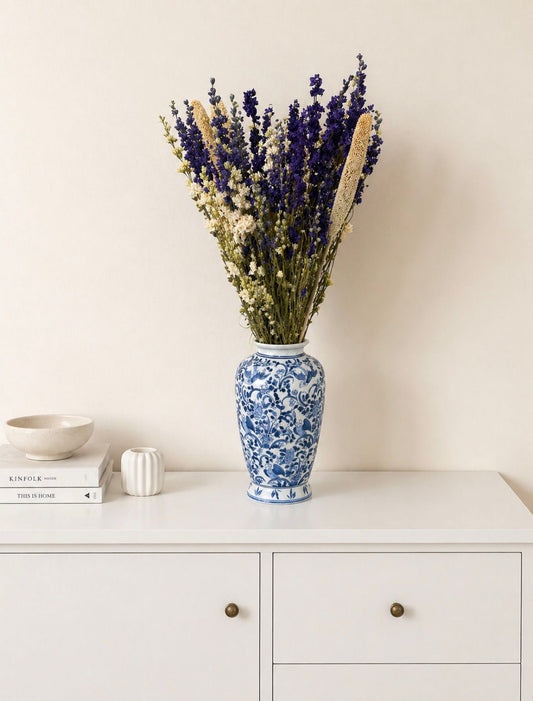 Stijlvolle Delft blauwe porseleinen Vaas met droogbloemen | Londen