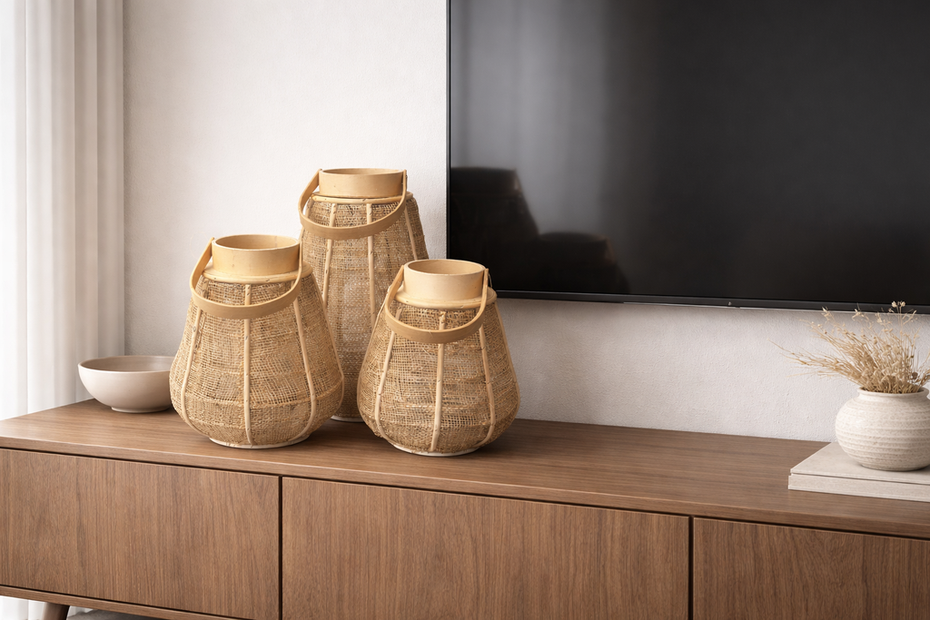 Sfeervolle set natuurlijke rieten lantaarns (set van 3) | Allure