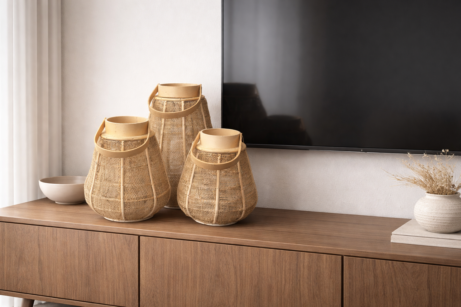 Sfeervolle set natuurlijke rieten lantaarns (set van 3) | Allure