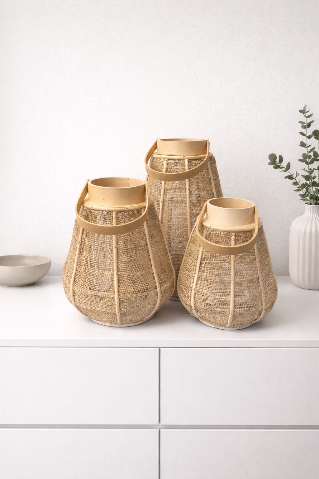 Sfeervolle set natuurlijke rieten lantaarns (set van 3) | Allure